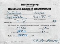 Bescheinigung aus dem Jahr 1946 für Manfred Krellenberg betreffend erfolgter Diphterie-Scharlach-Schutzimpfung