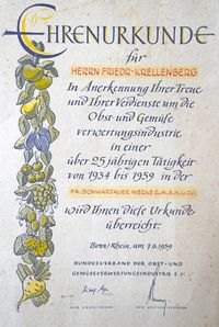 Ehrenurkunde aus dem Jahr 1959 für Friedrich Krellenberg anlässlich 25-jähriger Tätigkeit bei den Schwartauer Werken