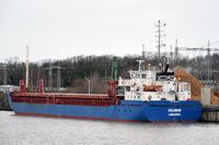 CALAMAR General Cargo Ship, IMO 9528512, am 23.12.2023 beim Lehmannkai 1 in Lübeck