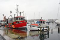 TRA 10 und TRA 7 im Fischereihafen von Lübeck-Travemünde. Hochwasser am 04.01.2024
