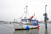TRA 3 im Fischereihafen von Lübeck-Travemünde. Hochwasser am 04.01.2024