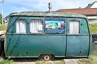 Wohnwagen von Gerhard Heinzl Ficht am 19.05.2024 im Hafen von Niendorf Ostsee