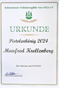 Urkunde Pistolenkönig 2024 für Manfred Krellenberg, verliehen am 07.06.2024 in Bad Schwartau