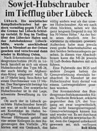 Zeitungsartikel der Lübecker Nachrichten betreffend des sowjetischen Hubschraubers über Lübeck