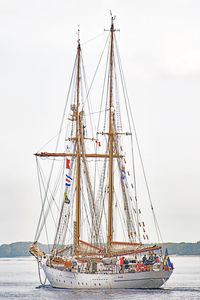 Das Dienst-Segelschiff GLADAN der schwedischen Marine fährt am 29.05.2022 bei Lübeck-Travemünde hinaus auf die Ostsee