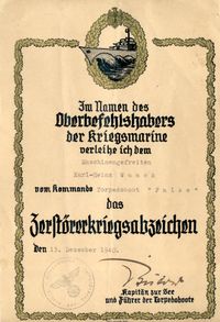 Zerstörerkriegsabzeichen für Karl-Heinz Waack vom Torpedoboot FALKE