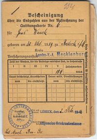 Dokument mit Stempel der Allgemeinen Ortskrankenkasse Lübeck aus dem Jahr 1916