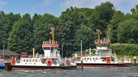Fähren MEMEL (ENI 05060250) und KÜSTRIN (ENI 05060210) am 24.07.2021 im NOK (Nord-Ostsee-Kanal) bei der Fährstelle Nobiskrug